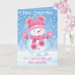 First Christmas | Greeting Card Baby Girl<br><div class="desc">Send out this beautiful card in pink and white colours with cute baby snowman to congratulate your little baby girl with First Christmas. You can personalize the name on the front page and change wording to your own text inside of the card by clicking "PERSONALIZE" option. Thank you for visiting...</div>