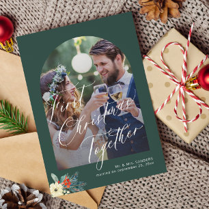 First Christmas handwritten script wedding photo Holiday Card