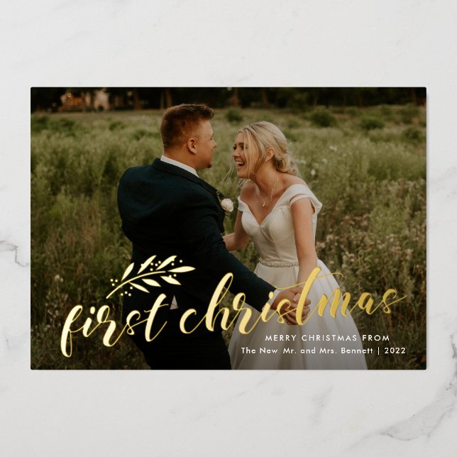 First Christmas Handwritten Wedding Photo Gold  Foil Invitation (Front)