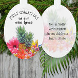 First Christmas Hawaiian Flowers Custom Oval Ornament<br><div class="desc">First Christmas custom ornament with a Hawaiian design of pineapples and tropical flowers.  Oval shape with custom wording on front and back.  Make it a "first Christmas in our new home" or "married Christmas" with names on the front and address on the back.</div>