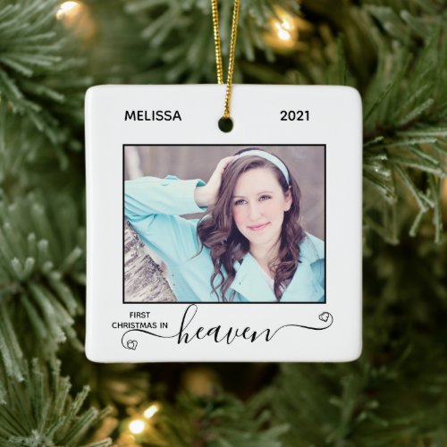 First Christmas Heaven Simple 2 Photo Memorial Ceramic Ornament - Honor your loved one with a custom photo memorial ornament. This unique memorial ornament keepsake is the perfect gift for yourself, family or friends to pay tribute to your loved one.
Quote "First Christmas In Heaven".
Customize with favorite photos, name and dates . Ornament is double sided, you can do 2 favorite photos, one on each side. Perfect for a Christmas Memorial Ornament.
COPYRIGHT © 2020 Judy Burrows, Black Dog Art - All Rights Reserved. First Christmas In Heaven Red Plaid Photo Memorial Ceramic Ornament