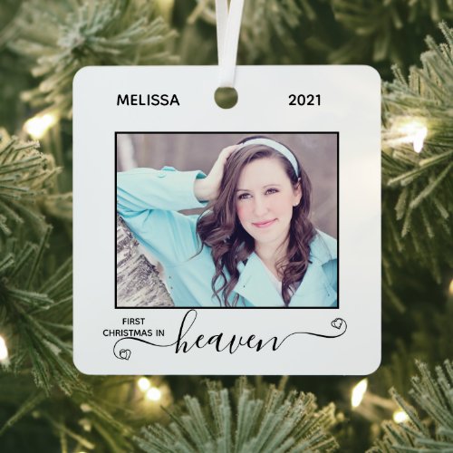 First Christmas Heaven Simple 2 Photo Memorial Metal Ornament - Honor your loved one with a custom photo memorial ornament. This unique memorial ornament keepsake is the perfect gift for yourself, family or friends to pay tribute to your loved one.
Quote "First Christmas In Heaven".
Customize with favorite photos, name and dates . Ornament is double sided, you can do 2 favorite photos, one on each side. Perfect for a Christmas Memorial Ornament.
COPYRIGHT © 2020 Judy Burrows, Black Dog Art - All Rights Reserved. First Christmas Heaven Simple 2 Photo Memorial Metal Ornament 