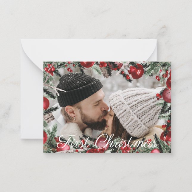 first christmas holiday greenery ornaments photo  note card (Front)