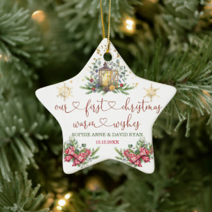 First Christmas Holiday Pine Bow Lantern Wedding Ceramic Ornament