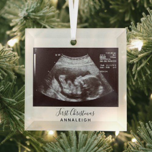 First Christmas Holiday Ultrasound Baby Reveal Glass Ornament