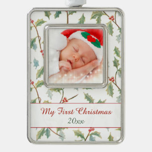 First Christmas Holly and Custom Photo Ornament