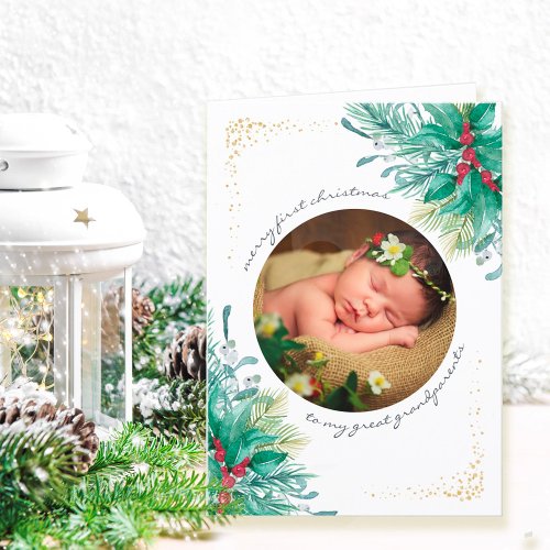 First Christmas Holly and Mistletoe Baby Photo Hol Holiday Card