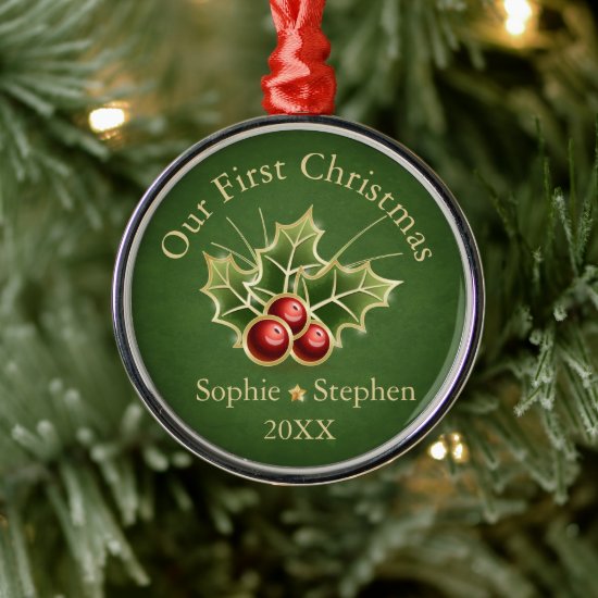 First Christmas Holly Berry Personalized Green Metal Ornament