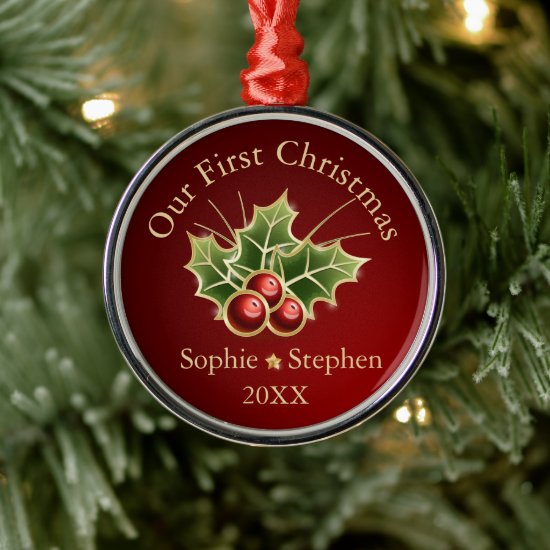 First Christmas Holly Berry Personalized Red Metal Ornament