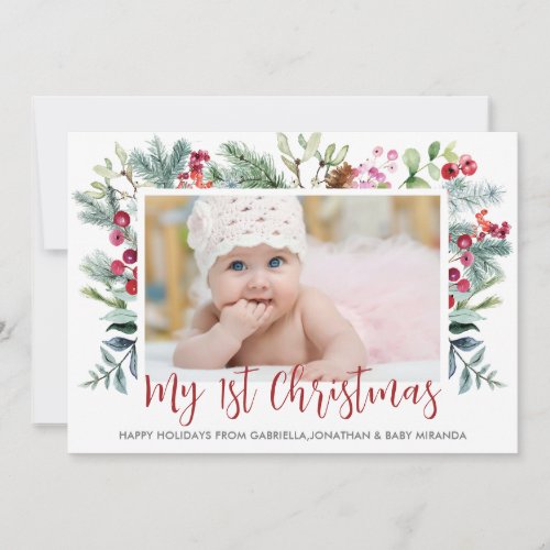 First Christmas Holly Berry Photo Holiday Card