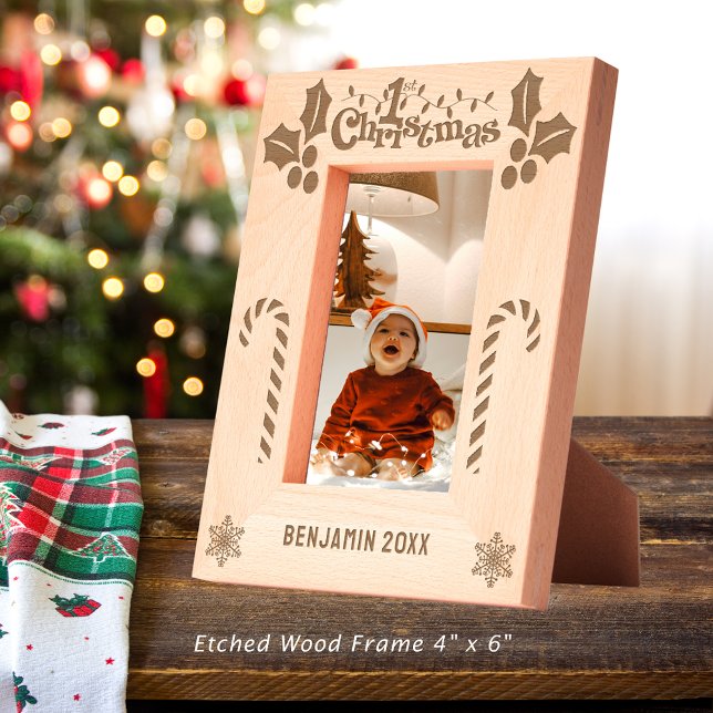 First Christmas Holly, Candy Canes, Show Name 4x6 Engraved Frames (First Christmas Holly, Candy Canes, Show Name 4x6 Etched Frames)