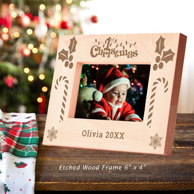 First Christmas Holly, Candy Canes, Show Name 6x4 Engraved Frames (First Christmas Holly, Candy Canes, Show Name 6x4 Etched Frame)