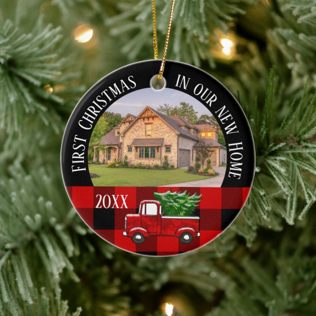 First Christmas Home Red Truck Photo Double Sided Ceramic Ornament (Tree)