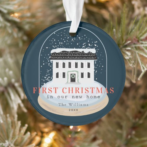 First Christmas Home Snow Globe Navy Holiday Photo Ornament