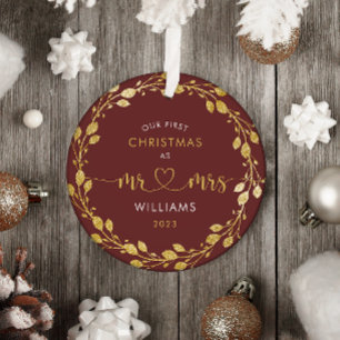 First Christmas Husband and Wife Gold Wreath Photo Metal Ornament