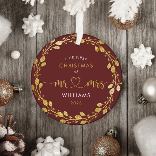 First Christmas Husband and Wife Gold Wreath Photo Metal Ornament