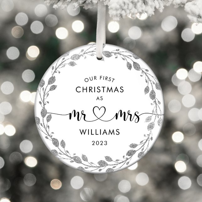 First Christmas Husband Wife Silver Wreath Photo Metal Ornament (Creator Uploaded)