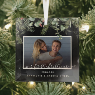 First Christmas in  Engaged Greenery Photo  Glass Ornament