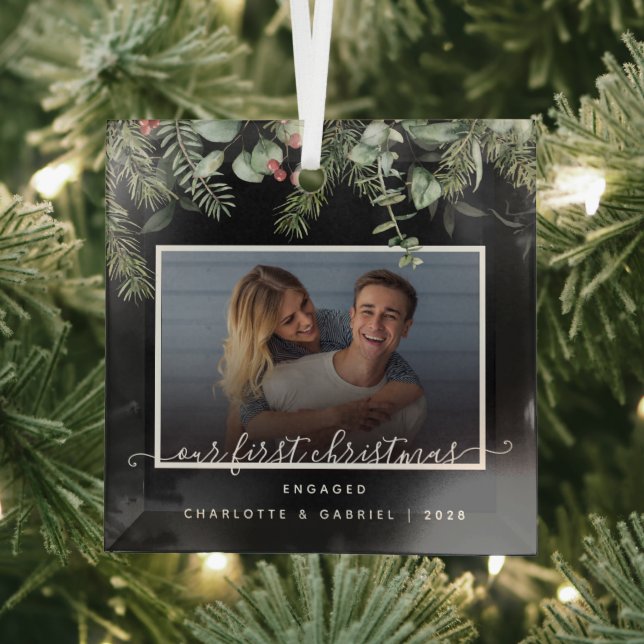 First Christmas in  Engaged Greenery Photo  Glass Ornament (Insitu)