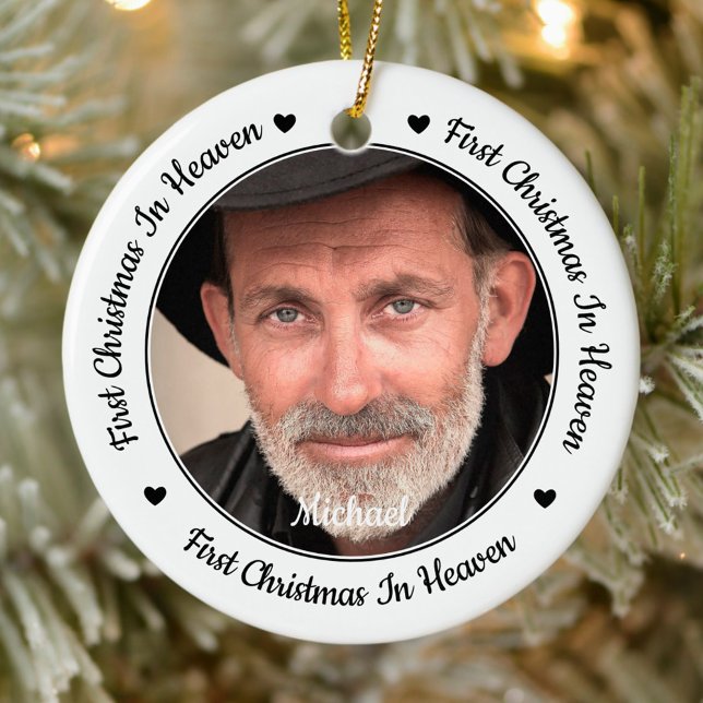 First Christmas In Heaven Modern 2 Photo Memorial Ceramic Ornament (Creator Uploaded)