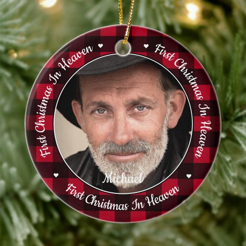 First Christmas In Heaven Red Plaid Photo Memorial Ceramic Ornament