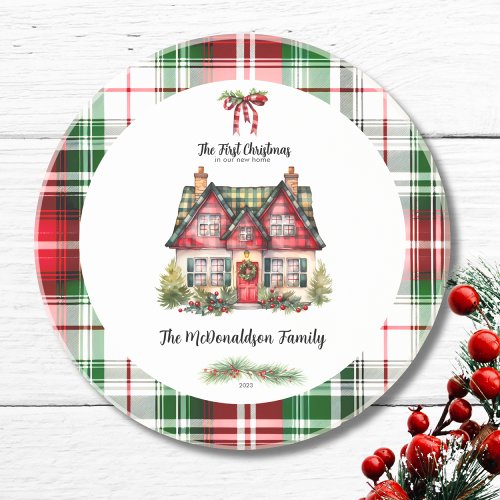 First Christmas In Home Family Farmhouse Chic Red  Coaster