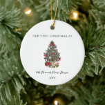 First Christmas in New Home - Address Ornament<br><div class="desc">Elegant and modern ornament with a watercolor traditional Christmas pine tree.</div>