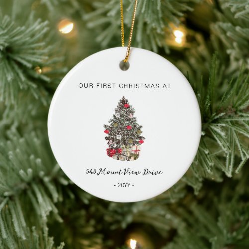 Personalized new-home ornament with a front door, names, and address