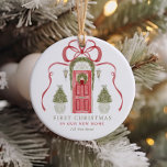 First Christmas in New Home  Ceramic Ornament<br><div class="desc">Celebrate the first Christmas in your new home with this cute watercolor design with an illustration of a red door - decorated for the holiday season and two Christmas trees,  surrounded by a delicate red bow.</div>