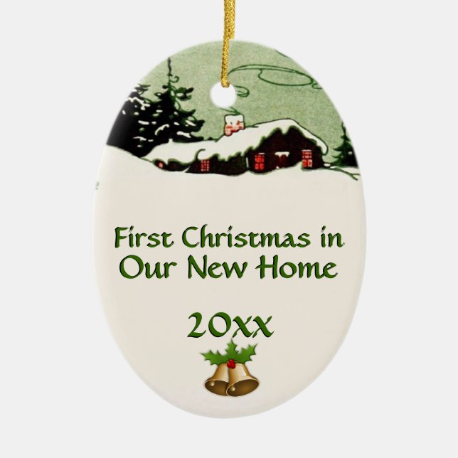First Christmas in New Home Country Cabin Ceramic Ornament (Front)