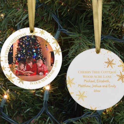 First Christmas in New Home Gold Snowflakes Photo Ceramic Ornament