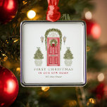 First Christmas in New Home  Metal Ornament<br><div class="desc">Celebrate the first Christmas in your new home with this cute watercolor design with an illustration of a red door - decorated for the holiday season and two Christmas trees.</div>