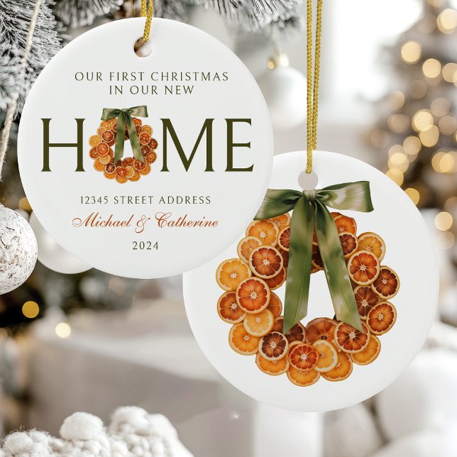 First Christmas in New Home Orange Wreath Ceramic Ornament (Creator Uploaded)