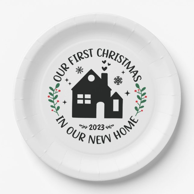 First Christmas In New Home Personalized Christmas Paper Plates (Front)