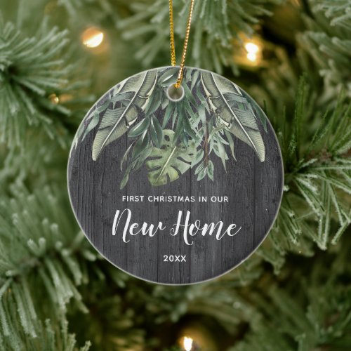 First Christmas In New Home Personalized Dark Wood Ceramic Ornament