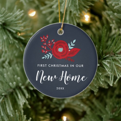 First Christmas In New Home Personalized Floral Ceramic Ornament