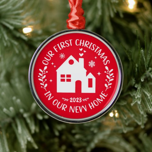 First Christmas In New Home Personalized Red Metal Ornament