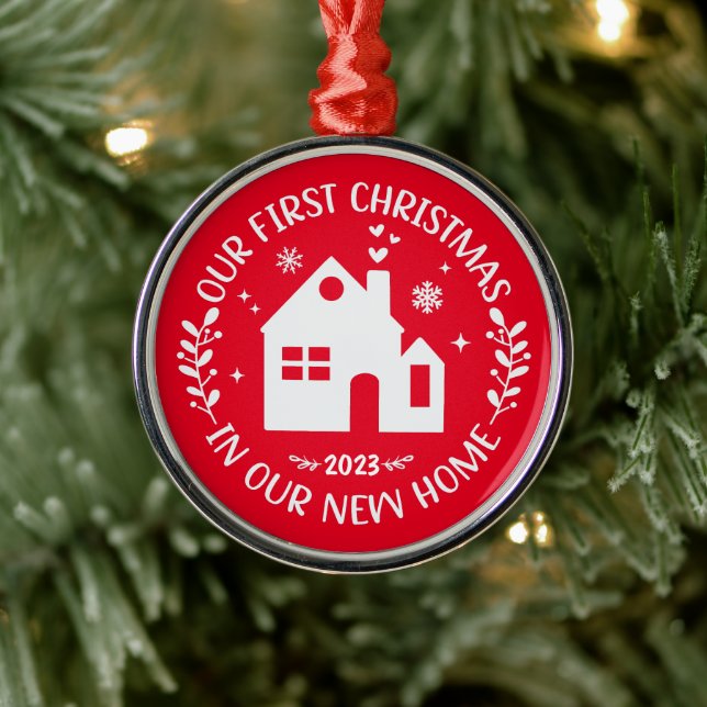 First Christmas In New Home Personalized Red Metal Ornament (Tree)
