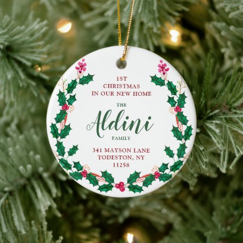 First Christmas In New Home Personalized Wreath Ceramic Ornament