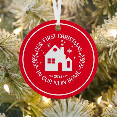 First Christmas In New Home Red Christmas Metal Ornament