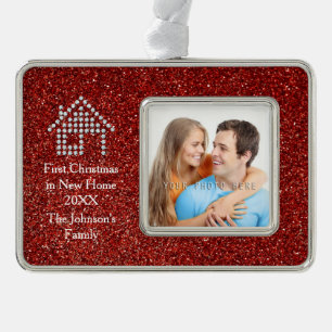 First Christmas in New Home   Red Glitter   Photo Christmas Ornament