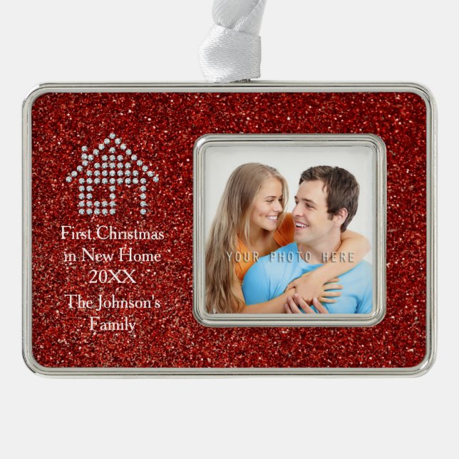 First Christmas in New Home | Red Glitter | Photo Ornament (Front)