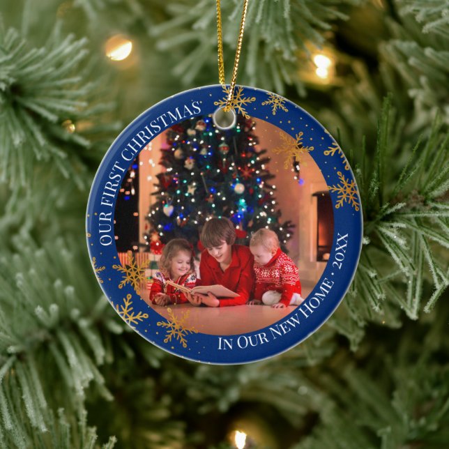 First Christmas in New Home Snowflakes and Photo Ceramic Ornament (Tree)