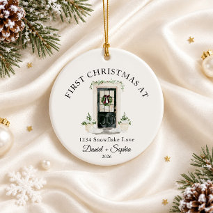 First Christmas In New Home Watercolor Black Door Ceramic Ornament