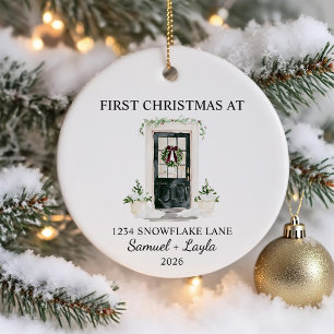 First Christmas In New Home Watercolor Black Door Ceramic Ornament