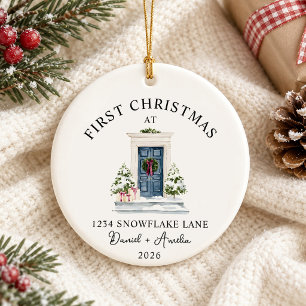 First Christmas In New Home Watercolor Blue Door Ceramic Ornament