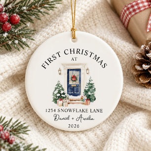 First Christmas In New Home Watercolor Blue Door Ceramic Ornament