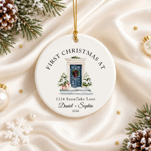 First Christmas In New Home Watercolor Blue Door Ceramic Ornament