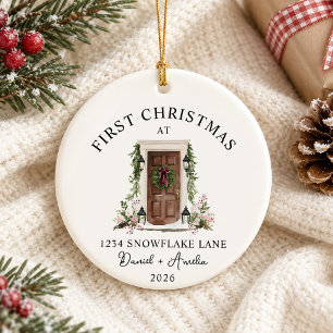 First Christmas In New Home Watercolor Brown Door Ceramic Ornament
