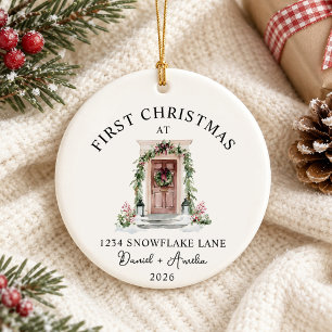 First Christmas In New Home Watercolor Brown Door Ceramic Ornament
